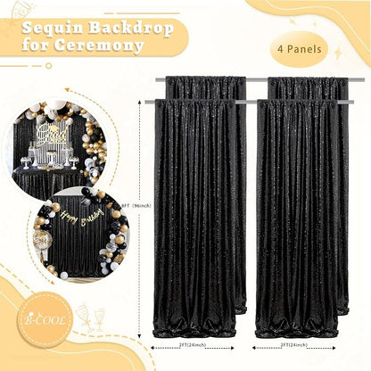 Black Sequin Backdrop Curtains 4 Pcs 2ftx8ft Glitter Shimmer Fabric | Sparkly - Image 3
