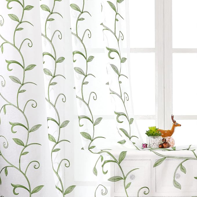 Embroidered Green Sheer Voile Curtains, Leaves Embroidery Faux Linen Rod Pocket by VISIONTEX