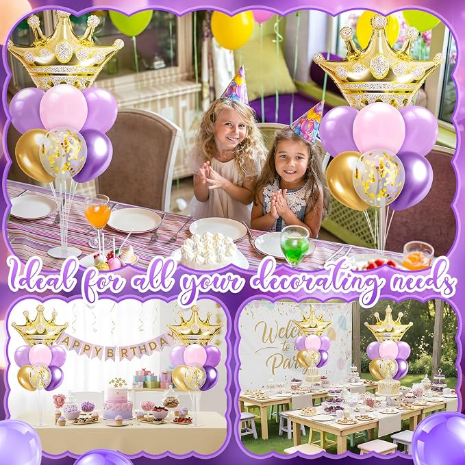 Seematn 2 Set Princess Balloon Stand Kits Purple Gold Crown Balloons Sticks - Image 5