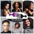 SIMPOR 2 Pcs Hair Pick Comb Wide Tooth Lift for Hair Styling Detangling Plastic Afro Pick for Women Men (Purple, Black)