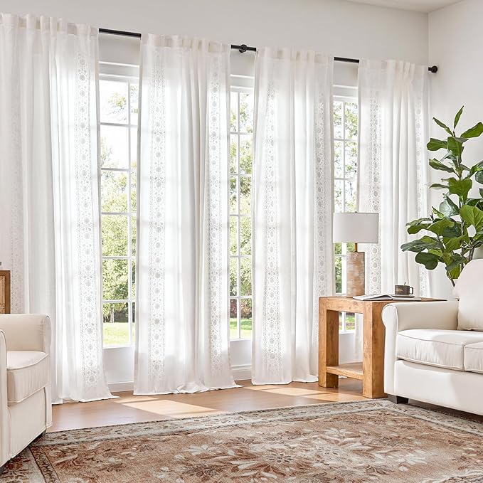 jinchan Floral Linen Curtains Embroidered Back Tab 50x72in 2 Panels White | - Image 2
