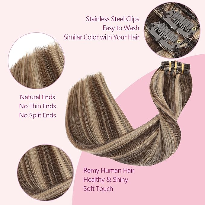 PINKPEARL Clip in Hair Extensions Human Hair 18inch 120g 7pcs Remy Human Hair Extensions Clip in #4P27 Chocolate Brown Highlighted Caramel Blonde Clip Hair Natural Human Hair(#4P27-18)