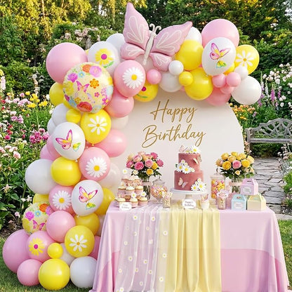 Flower Balloons, 12 Inch Pink Yellow White Daisy Printed Balloon, Butterfly - Image 6