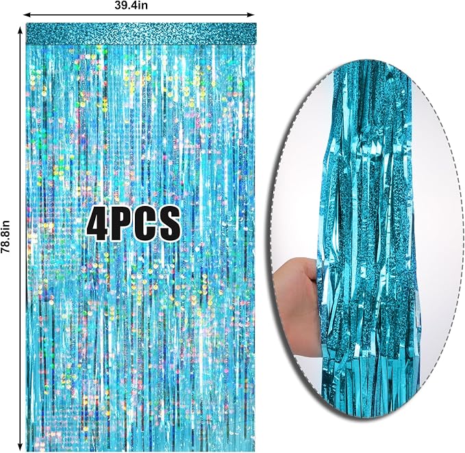 4 Packs Blue Foil Fringe Curtain, Light Blue Glitter Metallic Tinsel Backdrop - Image 6