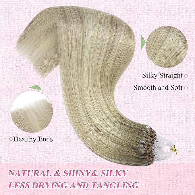 YoungSee Micro Loop Hair Extensions Real Human Hair Blonde Bead Hair Extensions Human Hair Ash Blonde Ombre Platinum Blond Microbead Human Hair Extension Balayage for Adding Hair Length 22In 50s/50g