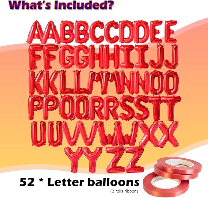 52 Pcs 16 Inch Red Letter Foil Balloons, 2 Sets of A-Z, Mylar Metallic Balloons - Image 2