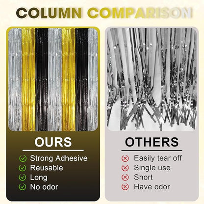 Voircoloria Black Gold Silver Fringe Backdrop Curtains, 3 Pack | Tinsel - Image 4