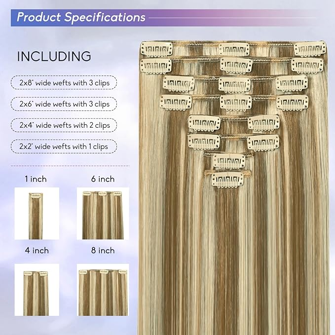 Blonde Clip in Hair Extensions Real Human Hair, 16 Inch 90g Natural Human Hair, Remy Human Hair Extensions Cip ins for Women 8pcs Per Set #16/22 Light Blonde Highlighted Golden Blonde