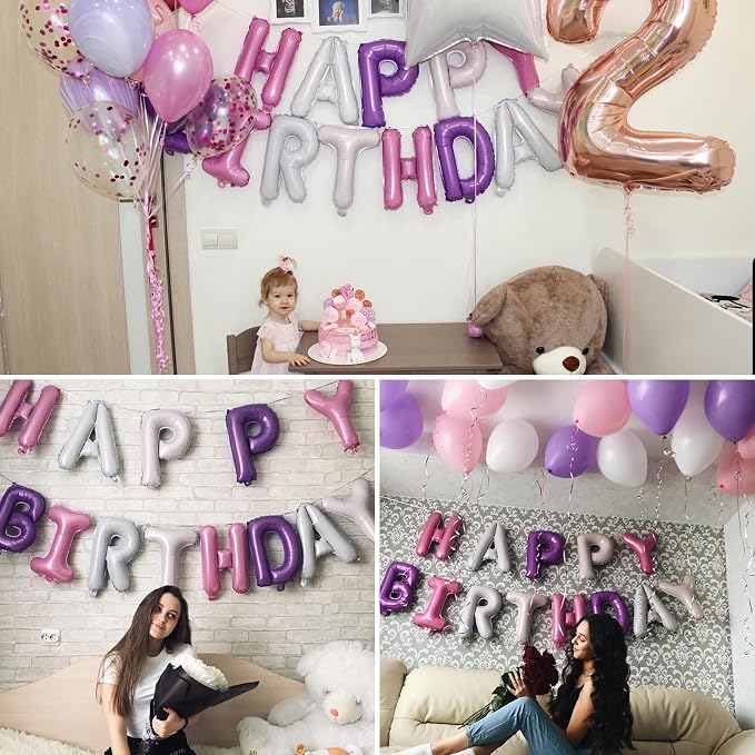 Purple Pink Happy Birthday Balloon Banner, 16 Inch Foil Mylar Happy Birthday - Image 8