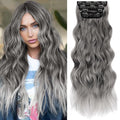 KooKaStyle Clip in Synthetic Hair Extensions Long Wavy 4PCS Thick Hairpieces Grey Sliver Mixed Fiber Double Weft Natural Hair Extensions 24 Inch for Women