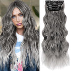 KooKaStyle Clip in Synthetic Hair Extensions Long Wavy 4PCS Thick Hairpieces Grey Sliver Mixed Fiber Double Weft Natural Hair Extensions 24 Inch for Women