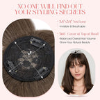 Hairro Mono Hair Toppers with Bangs, 3.4" x 3.4" Mono Base 100% Real Human Hairpieces for Women, 150% Density Clips In Topper for Greyish Thinning Hair, 14 Inch Cocoa Brown