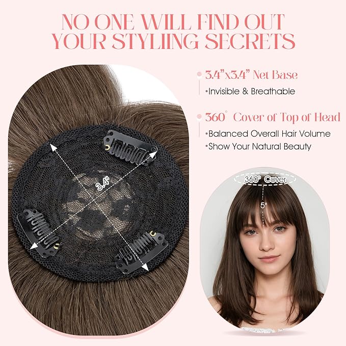 Hairro Mono Hair Toppers with Bangs, 3.4" x 3.4" Mono Base 100% Real Human Hairpieces for Women, 150% Density Clips In Topper for Greyish Thinning Hair, 12 Inch Cocoa Brown