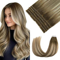 Pinkpearl Invisible Tape in Hair Extensions Human Hair, 20pcs 18inch 50g #3/8/22 Balayage Walnut Brown to Ash Brown and Golden Blonde Injection Tape in Extensions Real Remy Human Hair Injected