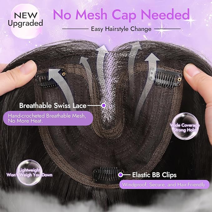 Soft Black Synthetic Hair Toppers for Women with Thinning 3D 360° Cover Clip in Wispy Bangs Upgraded Adjustable Bandage 18 Inch Long Layered