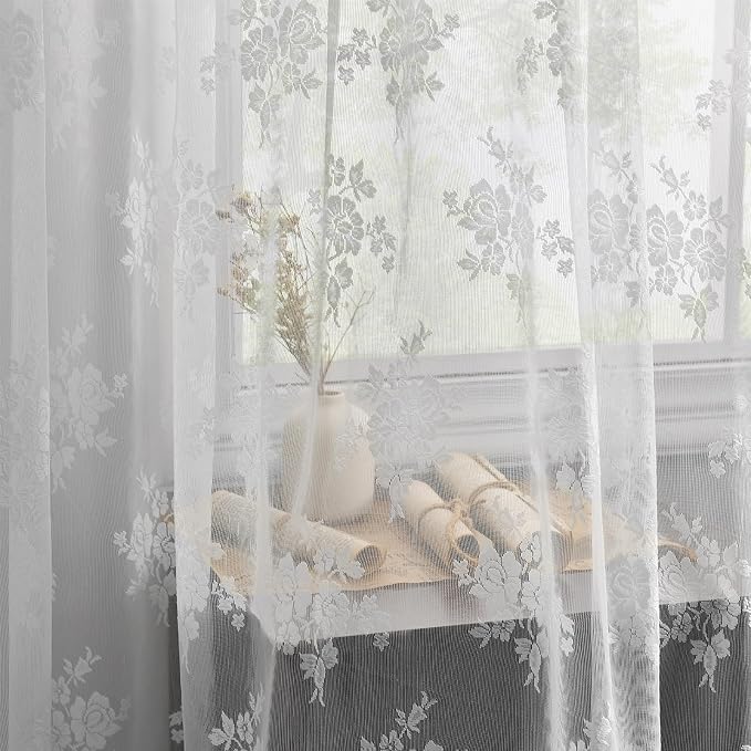 Kotile White Lace Kitchen Curtains Rustic Floral W42 x L30 Inch, 2 Panels | Rod - Image 7