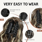 FLUFYMOOZ Wavy Curly Claw Clip Ponytail Extension, 18 Inch Natural Fake Ponytail Synthetic Hairpiece for Women (Medium Brown Ash Blonde)