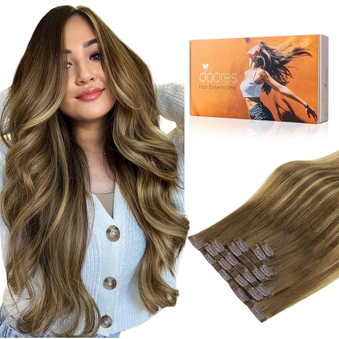 DOORES Seamless Clip in Real Human Hair Extensions, Medium Brown Highlighted Dirty Blonde, 20 Inch 7pcs 110g, Invisible Edge Remy Hair Extensions Straight