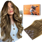 DOORES Seamless Clip in Real Human Hair Extensions, Medium Brown Highlighted Dirty Blonde, 20 Inch 7pcs 110g, Invisible Edge Remy Hair Extensions Straight