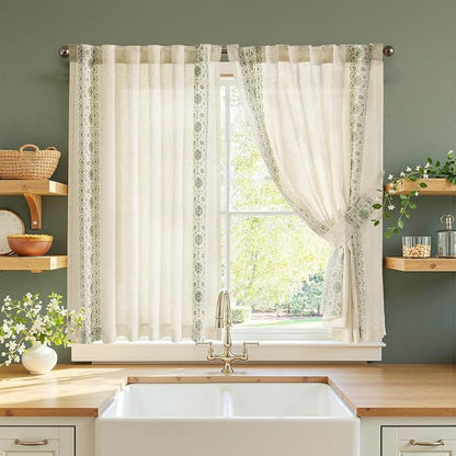 jinchan Green Floral Embroidered Short Linen Curtains 54×54 Inches 2 Panels | by JINCHAN