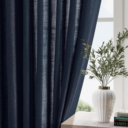 Navy Blue Linen Blend Drapes 84 Inch Length 2 Panels Set Back Tab Rod Pocket - Image 2