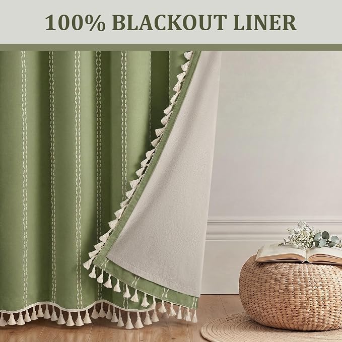 Olive Green 100% Boho Blackout Curtains 84 Inch 2 Panels | Vintage Farmhouse - Image 6