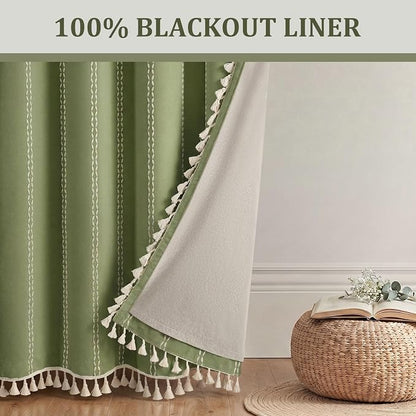 Olive Green 100% Boho Blackout Curtains 84 Inch 2 Panels | Vintage Farmhouse - Image 6