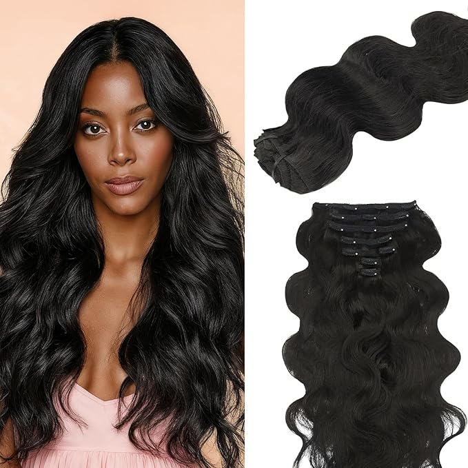 Lashey Clip in Hair Extensions Real Human Hair, 14 Inch 7pcs 120g #1B Natural Black Body Wave Remy Human Hair Extensions Natural Thick Clip in Hair Extensions for Black Women