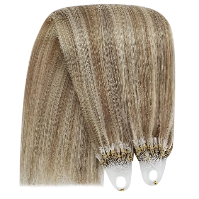 YoungSee Microlink Hair Extensions Brown Micro Bead Hair Extensions Real Human Hair Highlight Brown with Blonde Micro Ring Hair Extension Human Hair 20In Invisible Beaded Hair Extension 50s 50g