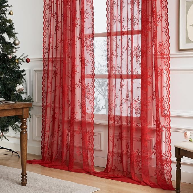 Red Lace Curtains 63 Inch Length 2 Panels Set - Image 3