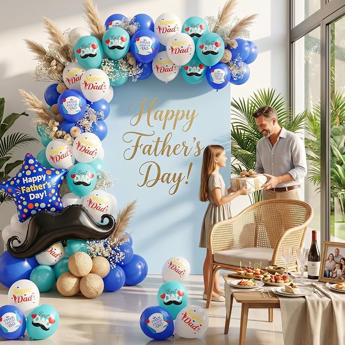Fathers Day Party Balloons, 12 Inch Royal Blue Teal White Printed Latex Balloons - Image 5