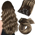 Moresoo Human Hair Clip in Extensions Ombre Dark Brown to Caramel Blonde Hair Extensions Real Human Hair Clip ins Brown to Blonde Balayage for Women Long 120g/7pcs 24 inch