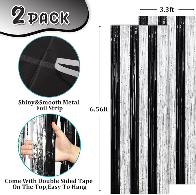 Voircoloria Black Silver Foil Fringe Backdrop Curtains, 2 Pack | Tinsel - Image 3