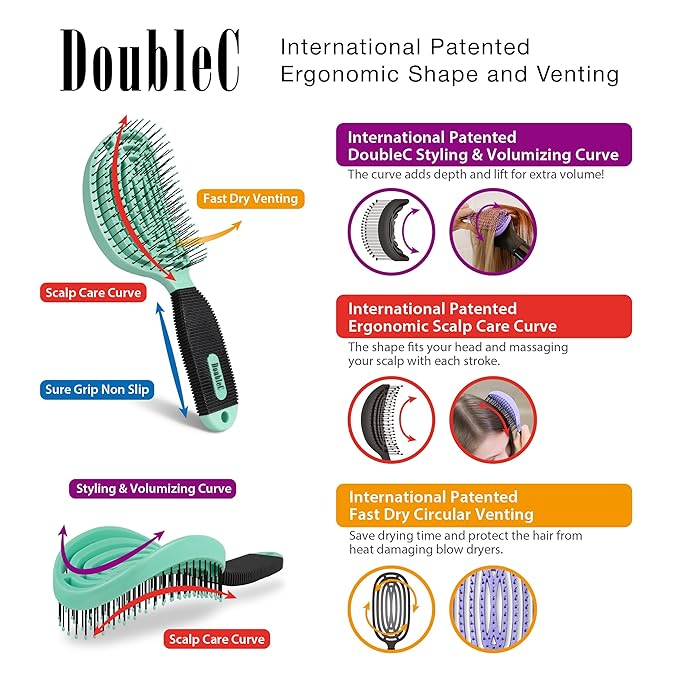 NuWay 4HAIR DoubleC U.S. Patented Double Curved Detangling Brush is Hair Dryer Safe (Mint Green)