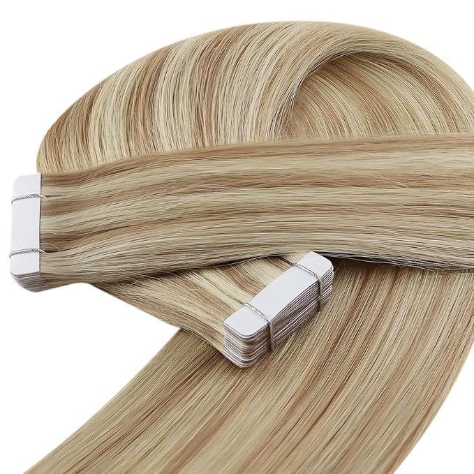 YoungSee Tape in Hair Extensions Human Hair Highlight Real Hair Tape in Extensions Highlight Light Blonde and Strawberry Blonde Tape-on Hair Extension Natural Straight Hair 22In 20pcs 50g