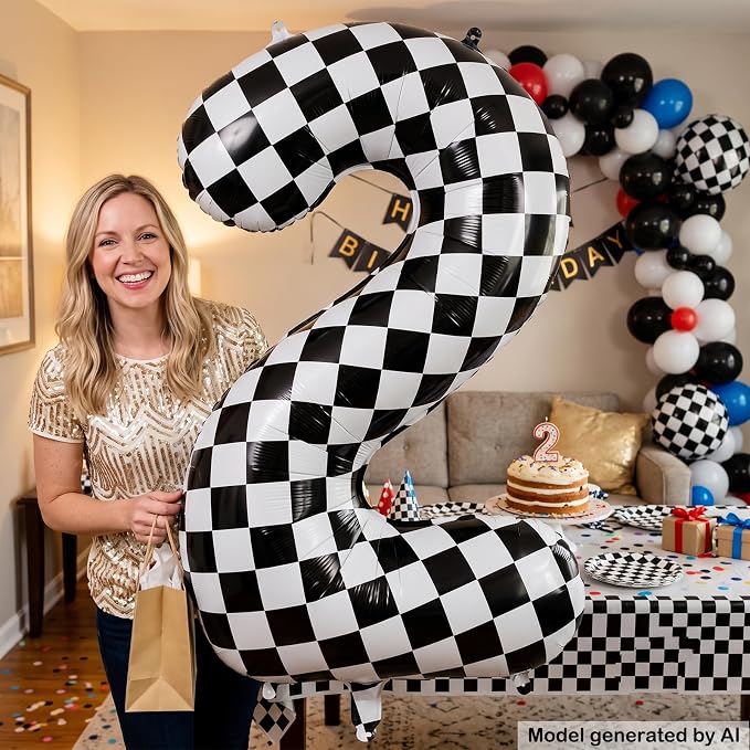40" Checkered Number 2 Balloon for 2th Race Theme Birthday Party Supplies | 40 - Image 4