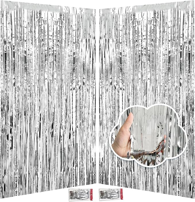 JINSUI Silver Tinsel Backdrop 3.3x8.2ft, 2 Pack Foil Fringe Curtains Decor by JINSUI