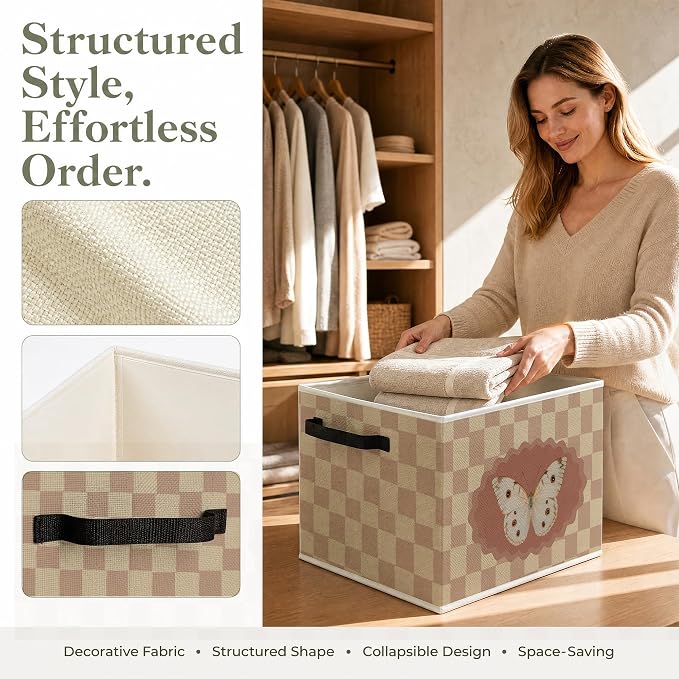 Retro Butterfly Nursery Checkered Foldable Storage Bins Box - Image 2