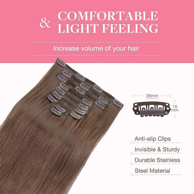GOO GOO Clip in Hair Extensions Real Human Hair, Remy Human Hair Extensions Clip ins for Women, Natural Human Hair, 24inch 150g 9Pcs, #5 Light Ash Brown