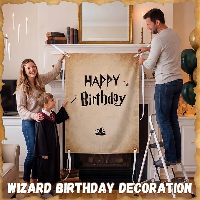 Oudain 29 x 39 Inch Magic Wizard Happy Birthday Banner, Vintage Burlap Birthday - Image 2