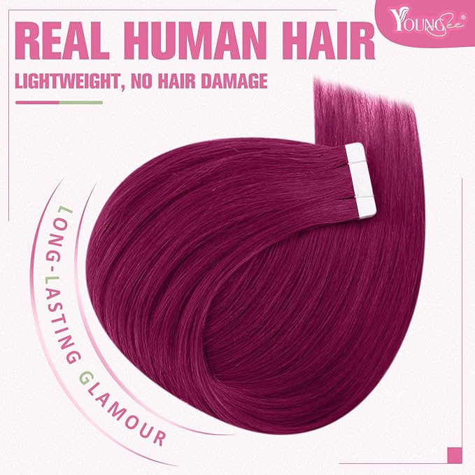 YoungSee Tape in Hair Extensions Magenta Tape in Extensions Human Hair Invisible Tapes Hair Extension Pinkish Red Tapeins Human-Hair Extension Short for Special Occasions 10Pcs 25G