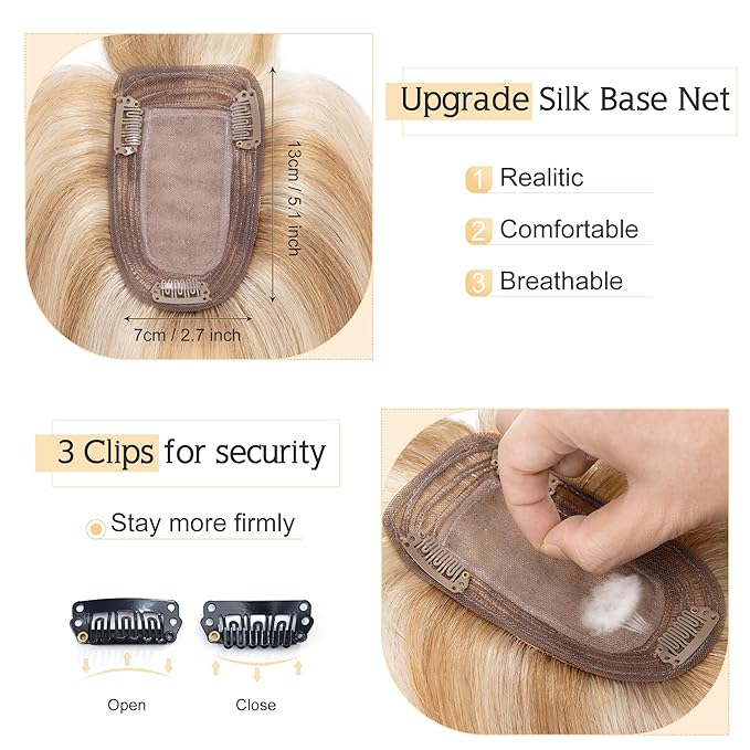 SEGO Hair Toppers for Women Real Human Hair With Bangs, 7 * 13CM Silk Base 100% Remy Human Hair Clip in Top Wiglet Hairpieces Add Volume -14 Inch Golden Brown&Bleach Blonde