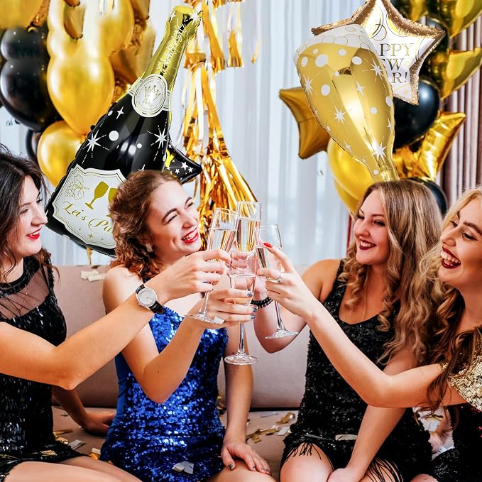 4 Pcs Champagne Balloons, Huge Black Gold Champagne Bottle Goblet Aluminum Foil - Image 7