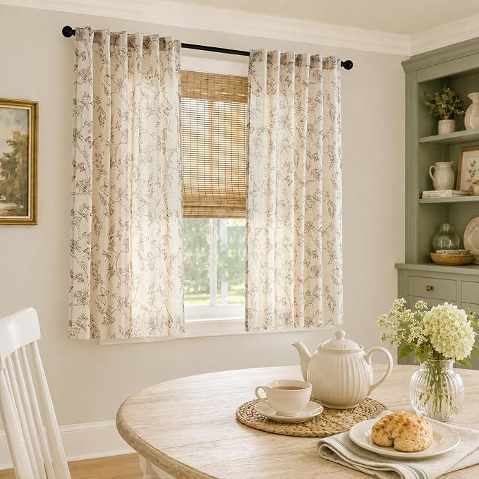 Taupe Floral Linen Curtains Farmhouse Rod Pocket 50W X 63L 2 Panels | Charlotte - Image 5