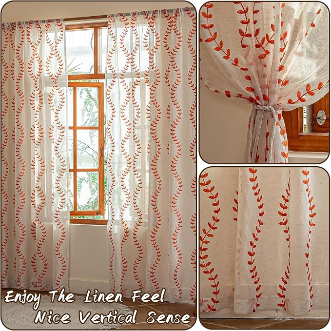 2 Panels Linen Leaf String Floral Embroidered Semi Sheer Curtain Farmhouse - Image 3