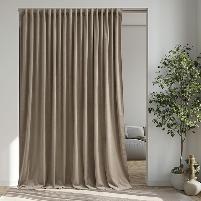 Back Tab Camel Beige Curtains 108 inches Long, Extra Wide Soft Velvet Thermal by StangH