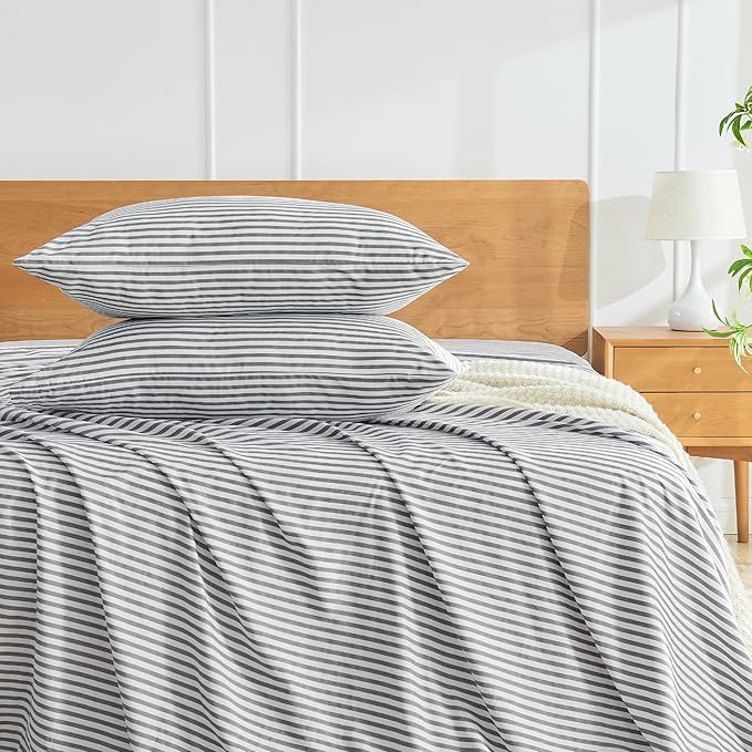 JELLYMONI 100% Natural Cotton Plaid Standard Pillowcases Set, 2 Pack Dark Gray with White Stripes Pattern Printed Pillow Covers with Envelope Closure(Pillows are not Included)