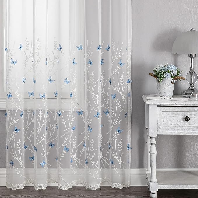 White Sheer Voile Curtains White Embossed Butterflies 72 Inches | Light - Image 6
