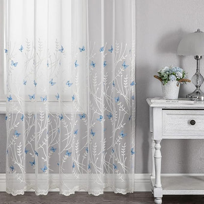 White Sheer Voile Curtains White Embossed Butterflies 72 Inches | Light - Image 6