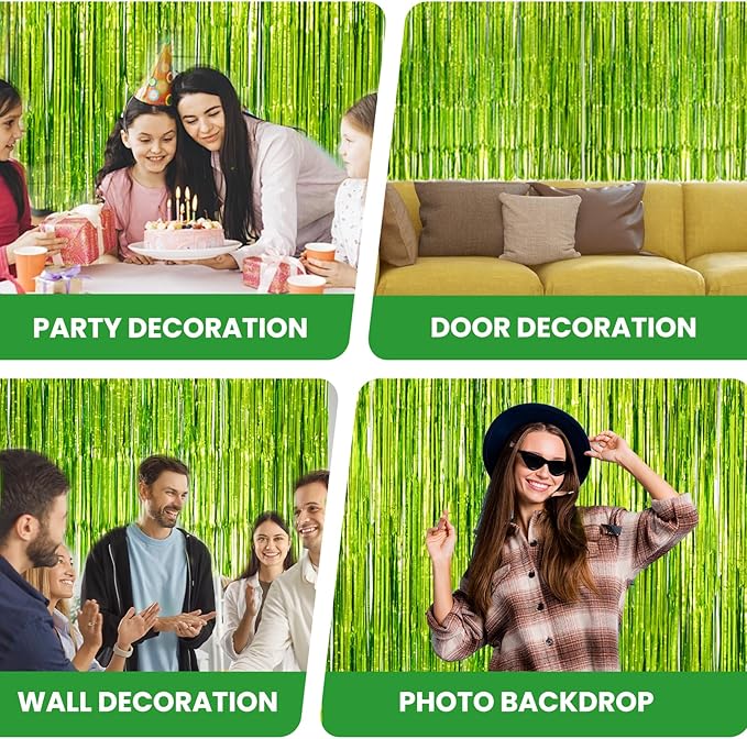 Matte Lime Green Tinsel Foil Curtains Backdrop Party Decorations | 2 PCS - Image 6